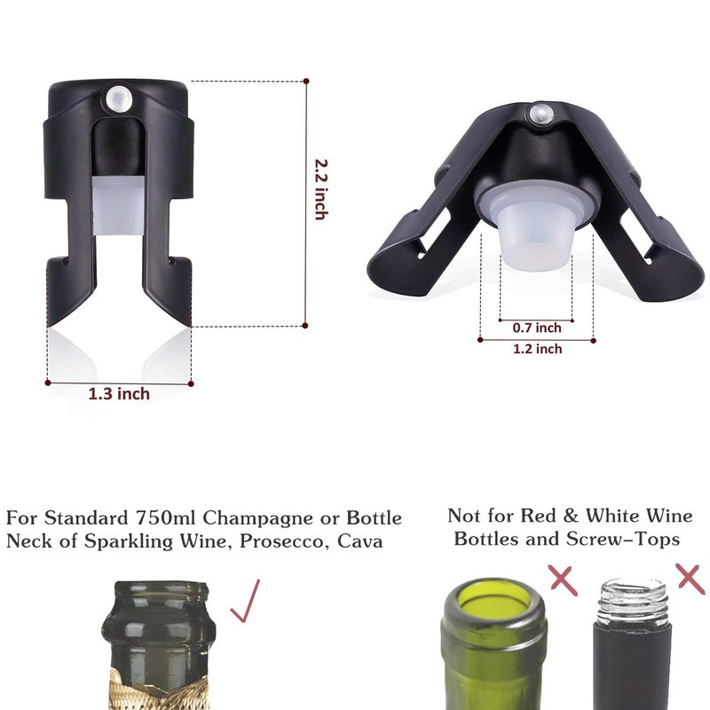 HYZ Champagne Stoppers 2Pack - Stainless Steel Sparkling Wine Bottle Stopper with Pure Silicone Air Tight Seal - Professional Wine Saver for Champagneï¼ŒProsecco and Cava (Black) - Image 2